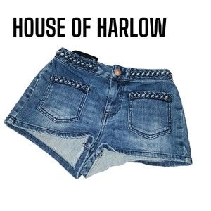 NWT HOUSE OF HARLOW 1960 Hi Rise Dk Blue Wash Braided Trim Detail Jean Shorts 25
